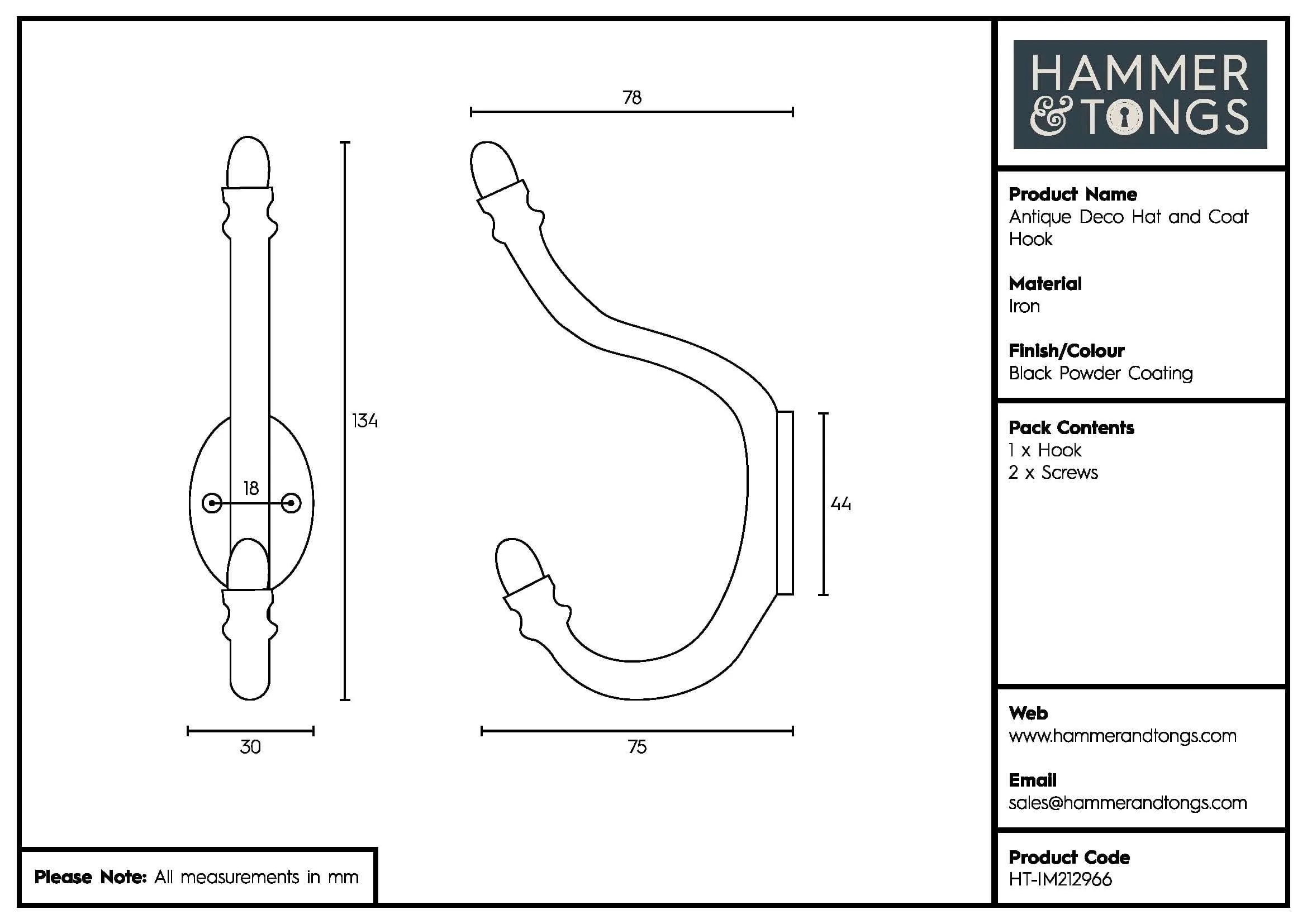 30mm x 135mm Black Antique Deco Hat & Coat Hook - By Hammer & Tongs